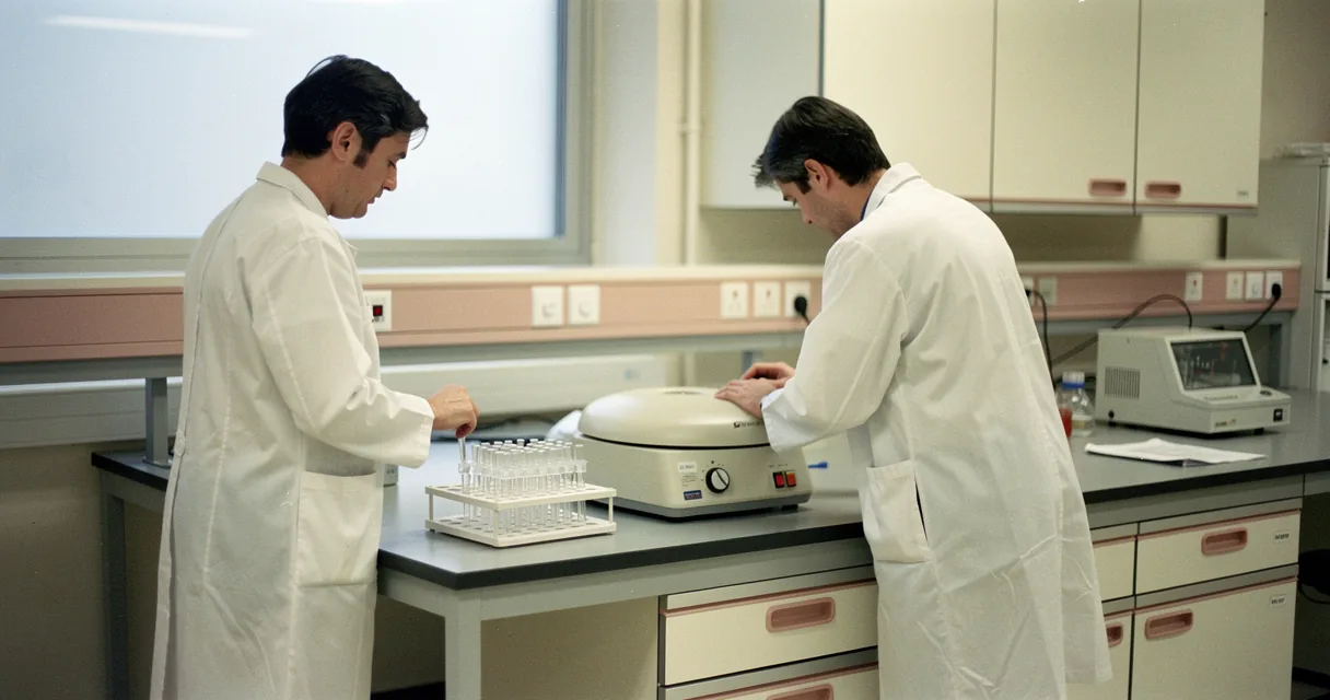 Two adults in laboratory coats working beside a benchtop centrifuge and pipette rack