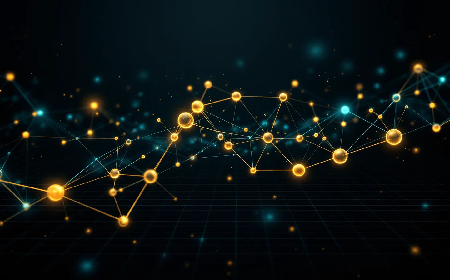 Abstract gold-linework illustration of a pentapeptide binding a receptor lattice on a dark ground