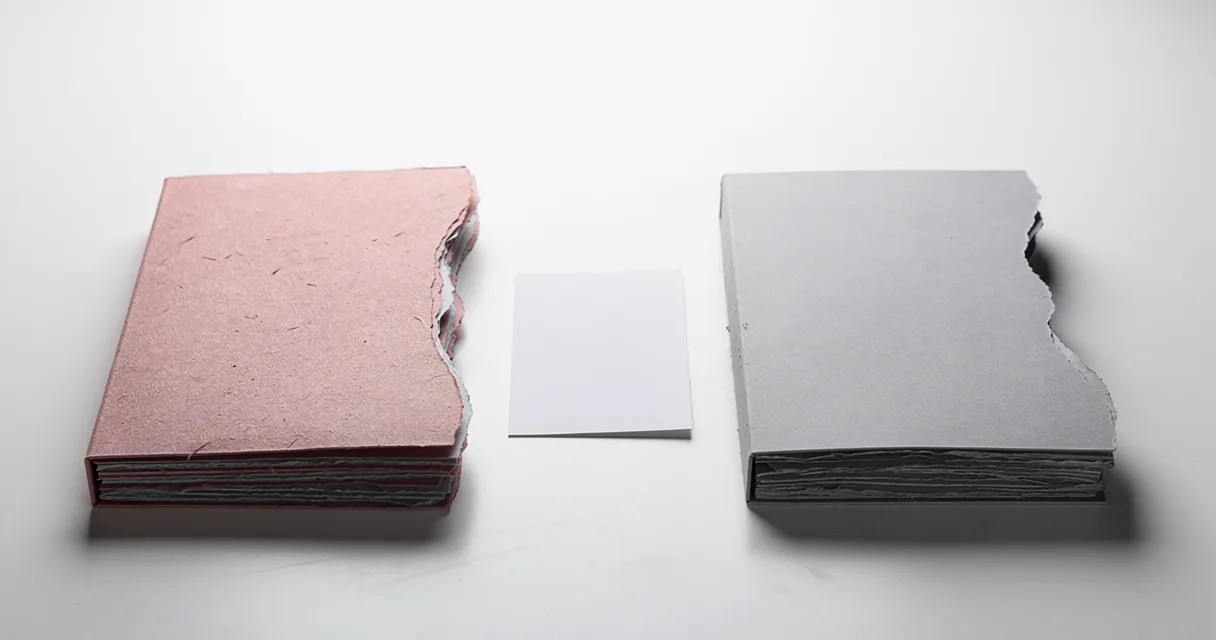 Two separate bundles of blank papers, one under a rose cover and one under a grey cover