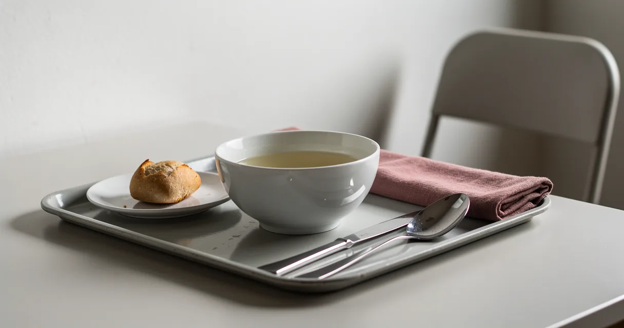A plain meal tray with a bowl, bread and cutlery beside an empty chair