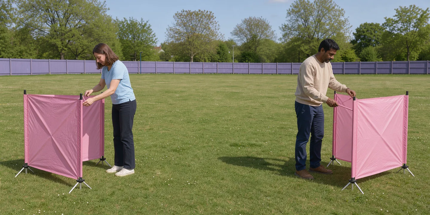 A quiet stretch of grass between two adults independently arranging folding windbreaks.